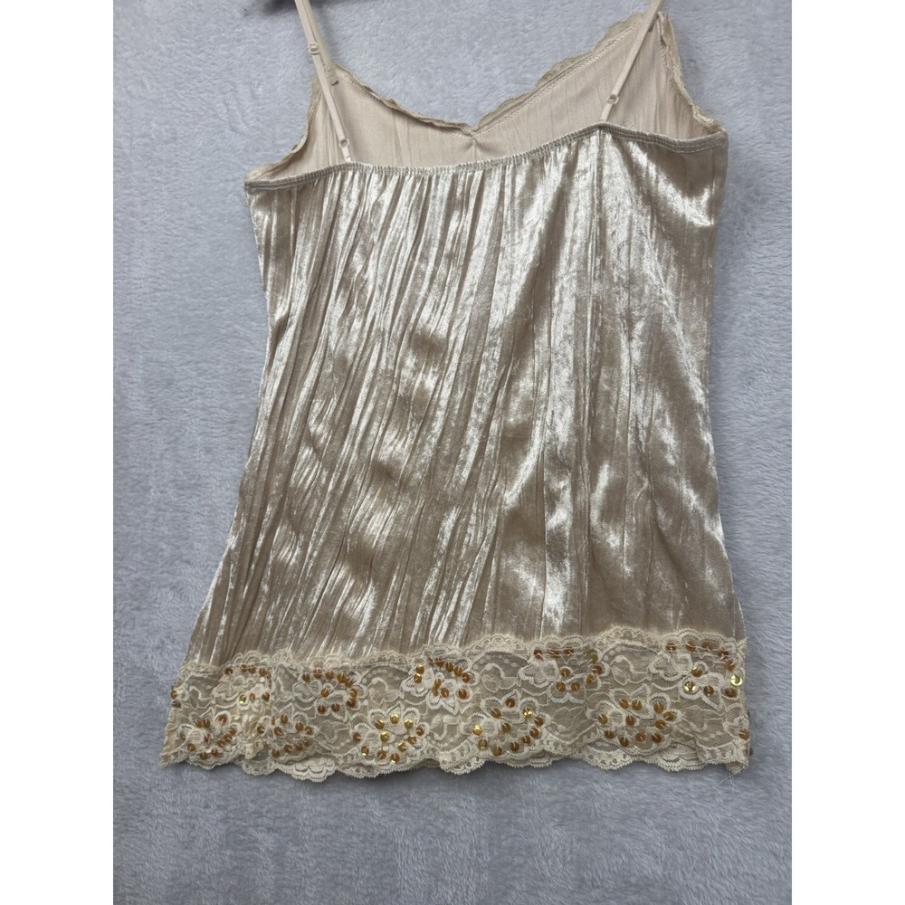 Y2K Champagne Crushed Velvet Lace Trim Sequin Camisole Tank Ethereal Fairy Cami - Picture 6 of 10